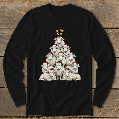 Sheep in Santa hats form a Christmas tree topped with a gold star.