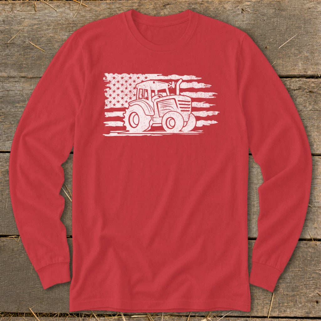 Red long-sleeve shirt with distressed American flag and tractor graphic.