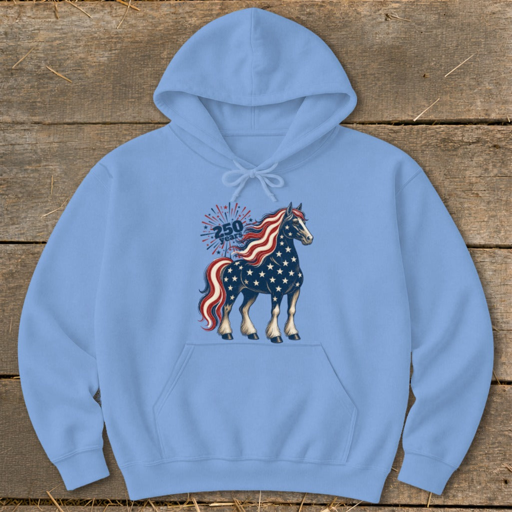 Light blue hoodie with a patriotic horse graphic and "250 years" text.