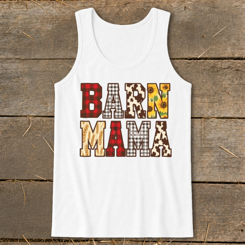 White tank top with "BARN MAMA" text in patterned letters.