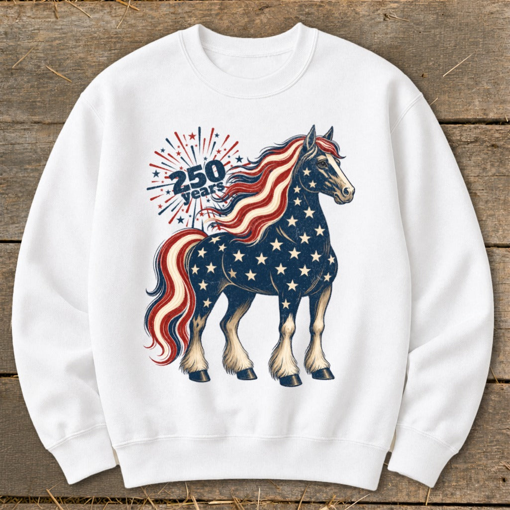 White sweatshirt featuring a patriotic horse with "250 years" text and fireworks.