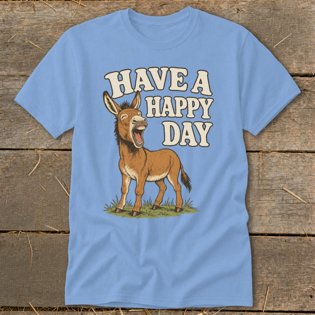 Light blue t-shirt with cartoon donkey and text "HAVE A HAPPY DAY".