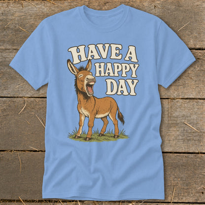 Light blue t-shirt with cartoon donkey and text "HAVE A HAPPY DAY".