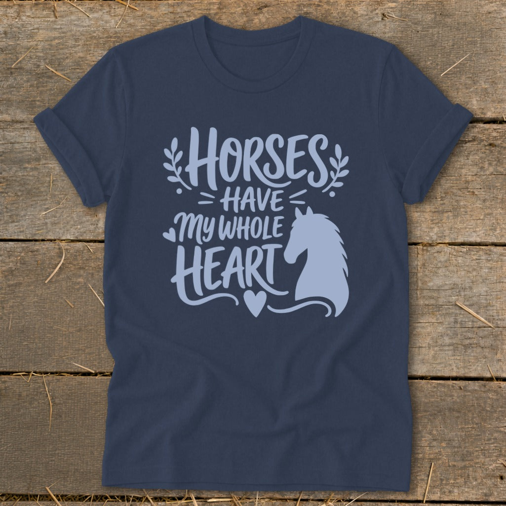 Navy t-shirt with "Horses Have My Whole Heart" and horse silhouette design.