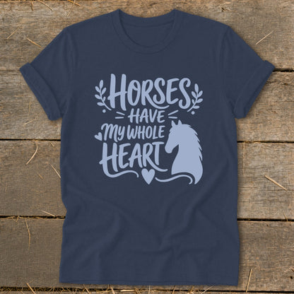 Navy t-shirt with "Horses Have My Whole Heart" and horse silhouette design.