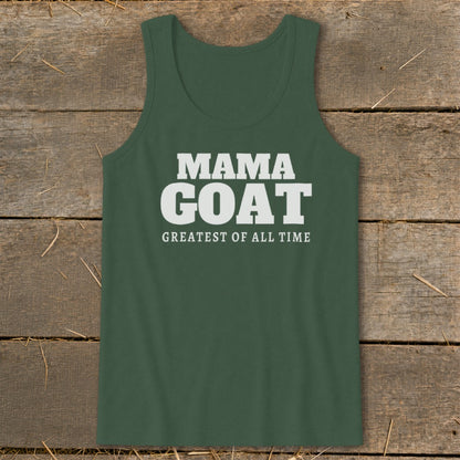 Green tank top with white text "MAMA GOAT GREATEST OF ALL TIME".