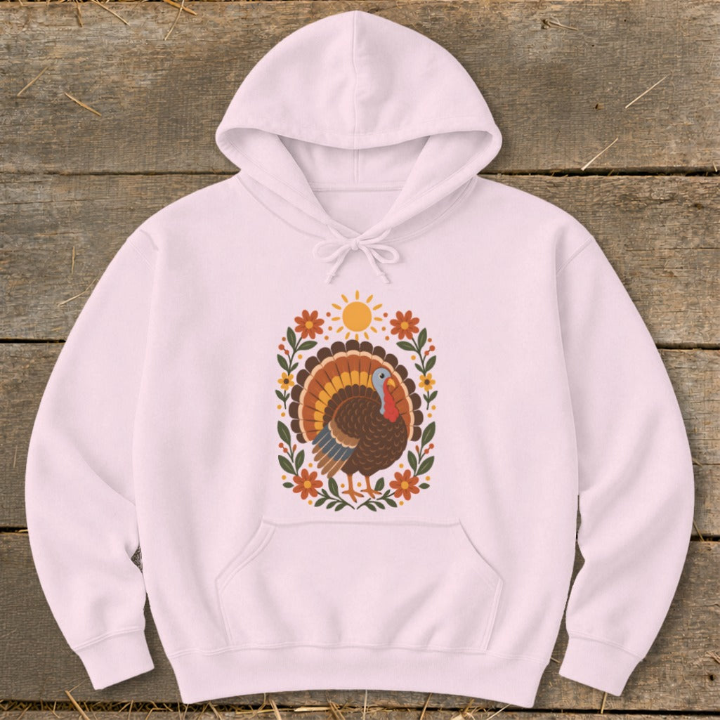Light pink hoodie with a Thanksgiving turkey graphic and floral border.