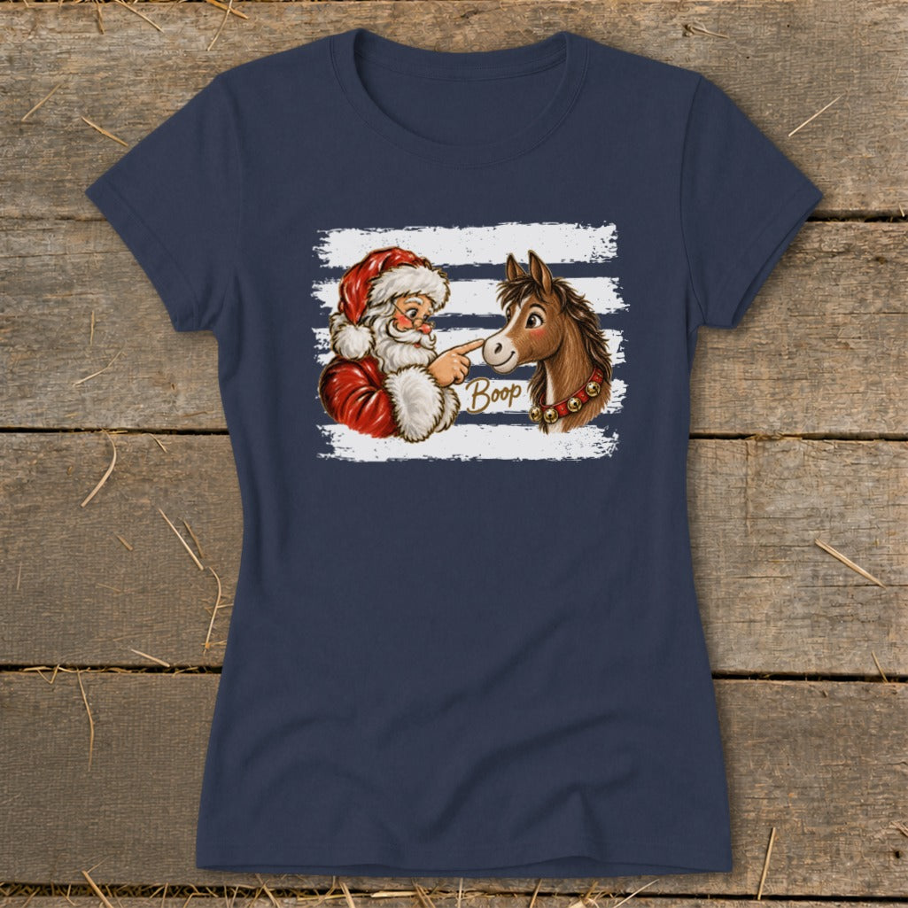 Santa booping a horse's nose with the word "Boop" on a t-shirt.