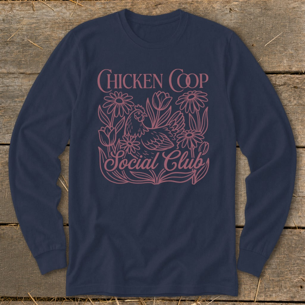 Navy long-sleeve shirt with "Chicken Coop Social Club" and floral chicken design.