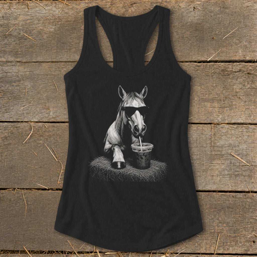 Black tank top with graphic of horse wearing sunglasses drinking from cup.