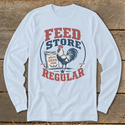 White long-sleeve shirt with "Feed Store Regular" text and rooster graphic.