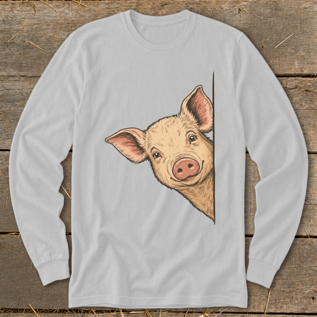 Light grey long-sleeve shirt with a peeking pig illustration on the front.
