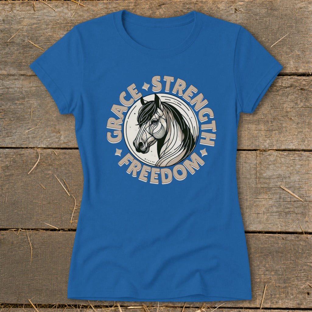 Blue t-shirt with horse graphic and text "Grace Strength Freedom"