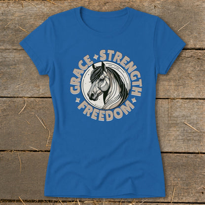 Blue t-shirt with horse graphic and text "Grace Strength Freedom"
