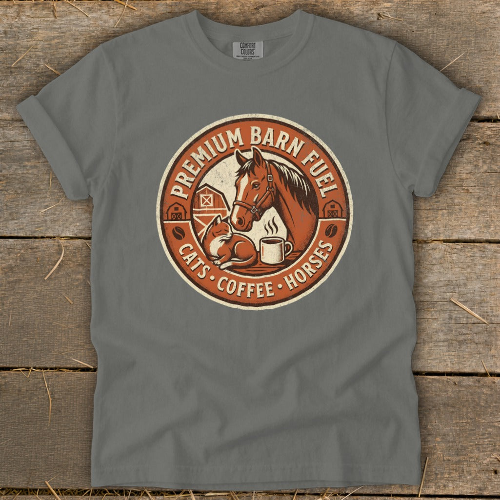 Barn fuel graphic with horse, cat, coffee cup, and text.