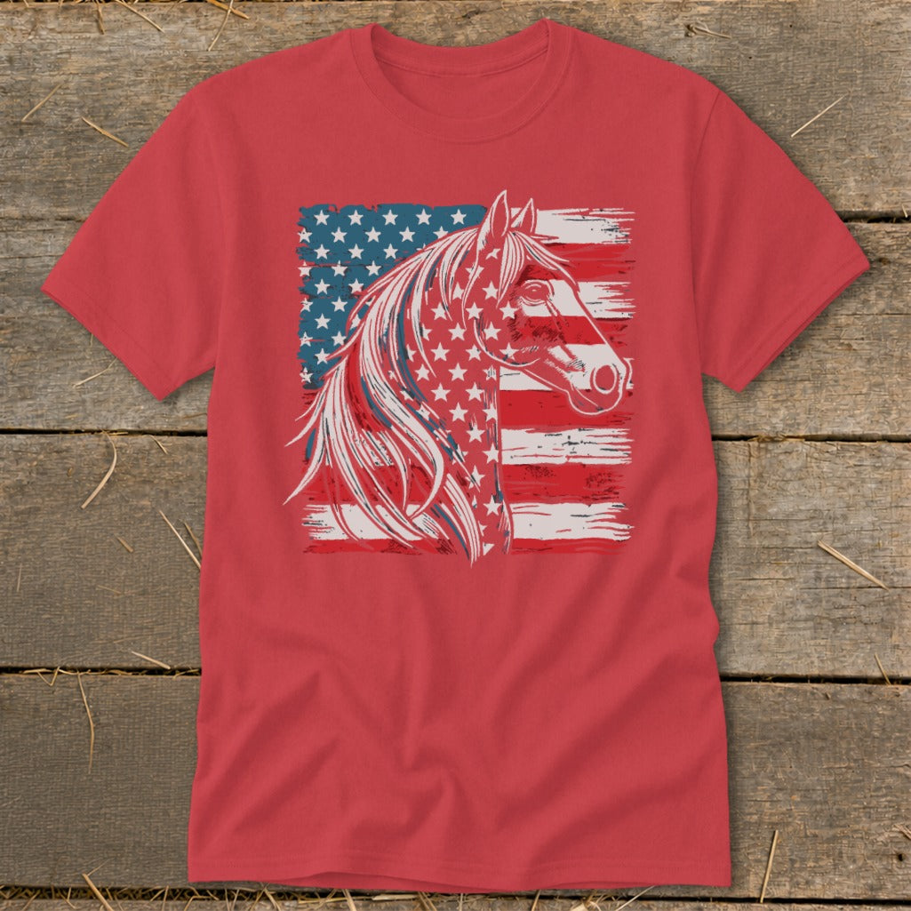 Red t-shirt with a horse head design superimposed over the American flag.