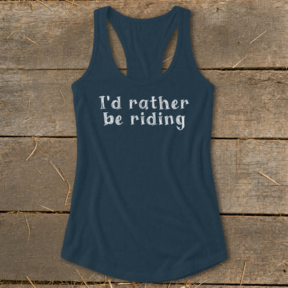 Navy racerback tank top with white text "I'd rather be riding."