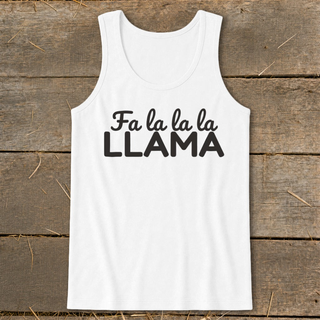 White tank top with "Fa la la la LLAMA" text design.
