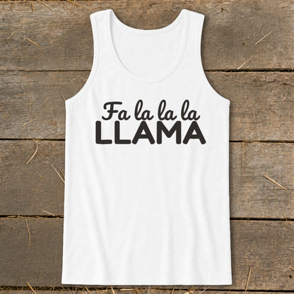 White tank top with "Fa la la la LLAMA" text design.