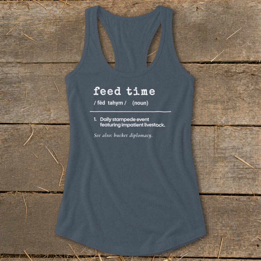 Gray tank top with "feed time" definition and "bucket diplomacy" on chest.