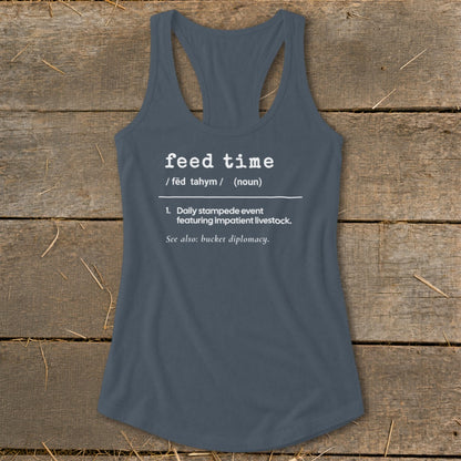 Gray tank top with "feed time" definition and "bucket diplomacy" on chest.
