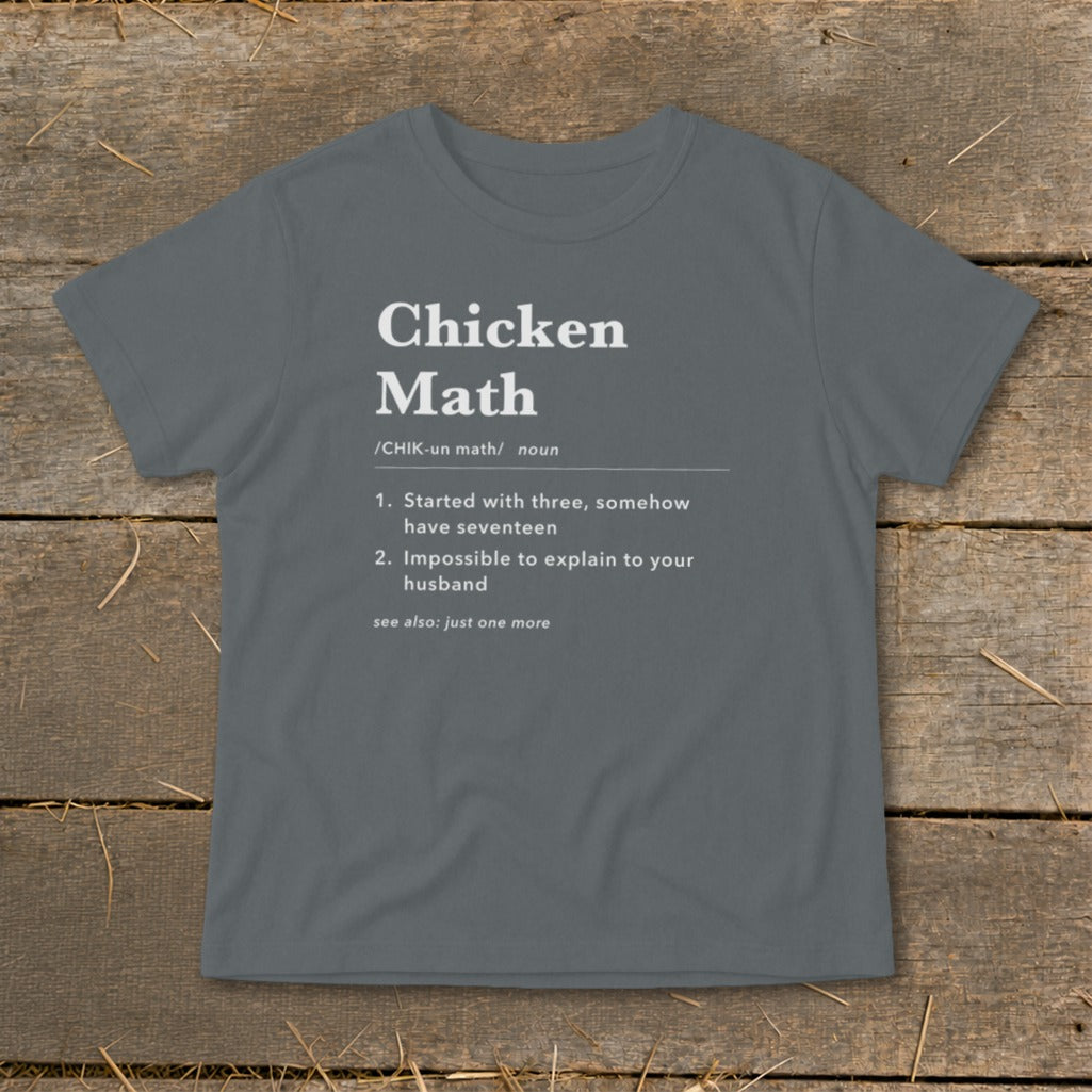 T-shirt with "Chicken Math" definition explaining it started with three and is impossible to explain.