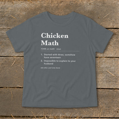 T-shirt with "Chicken Math" definition explaining it started with three and is impossible to explain.
