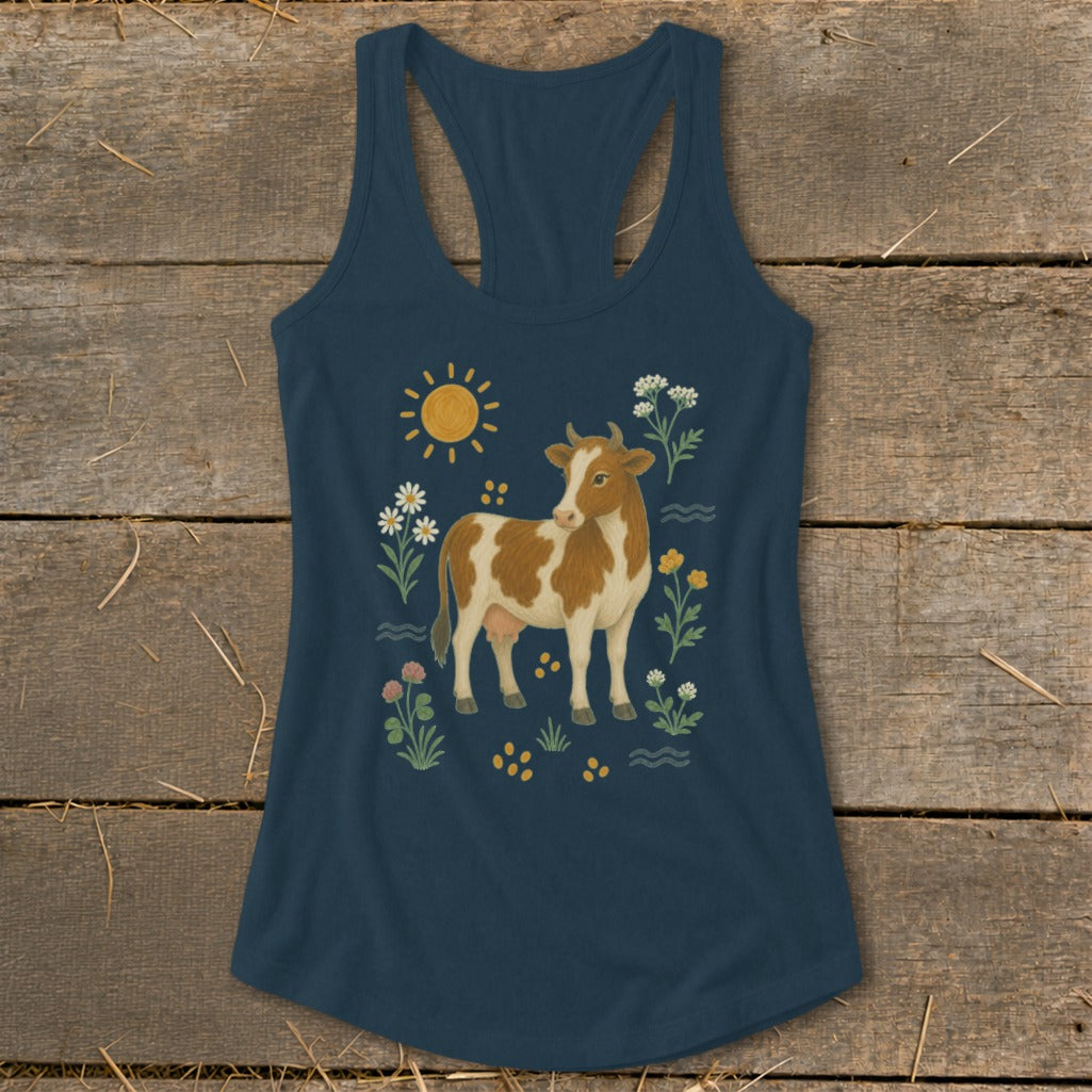 Dark blue tank top with a brown and white cow illustration surrounded by flowers and sun.