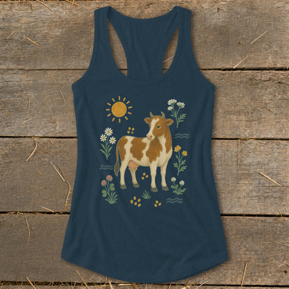 Dark blue tank top with a brown and white cow illustration surrounded by flowers and sun.