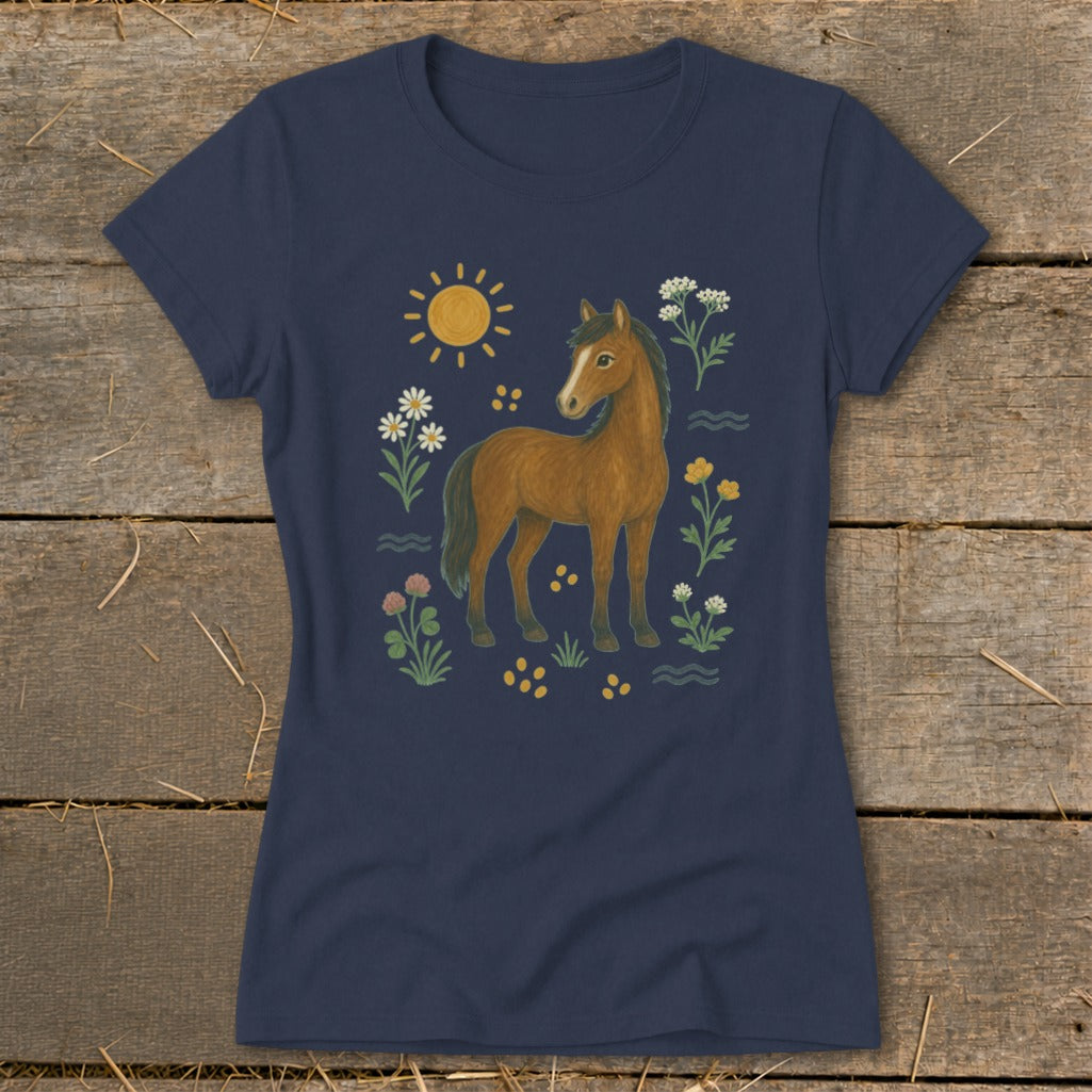 Navy t-shirt with a brown horse, sun, and wildflowers graphic.