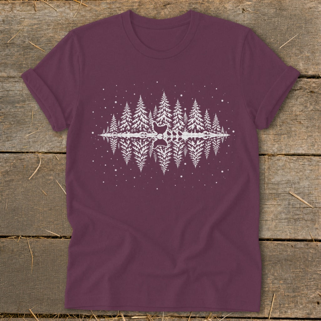 Maroon t-shirt with white pine trees and reflection design.