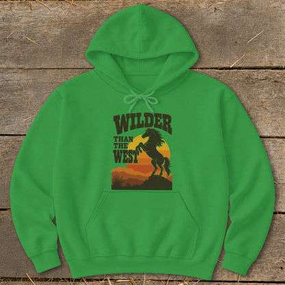 Green hoodie with "Wilder Than The West" text and silhouette of a rearing horse.
