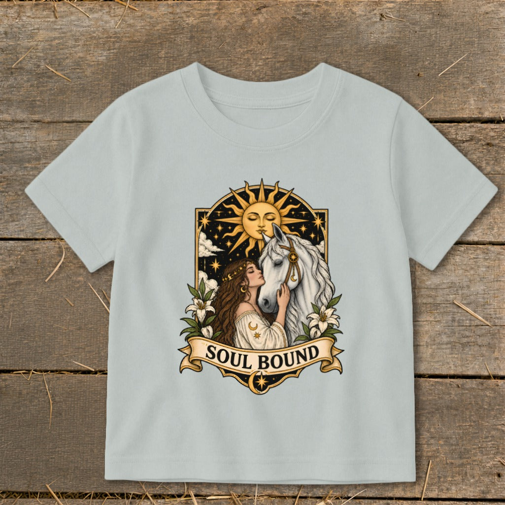 Woman kissing white horse with sun and stars, "SOUL BOUND" text banner.