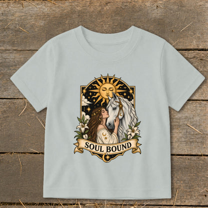 Woman kissing white horse with sun and stars, "SOUL BOUND" text banner.