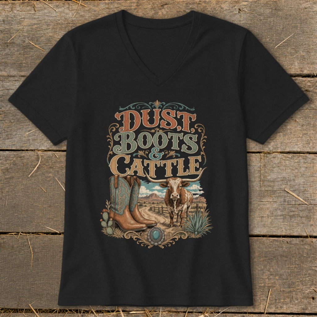Black v-neck t-shirt with "Dust Boots & Cattle" graphic featuring a cowboy boot and bull.