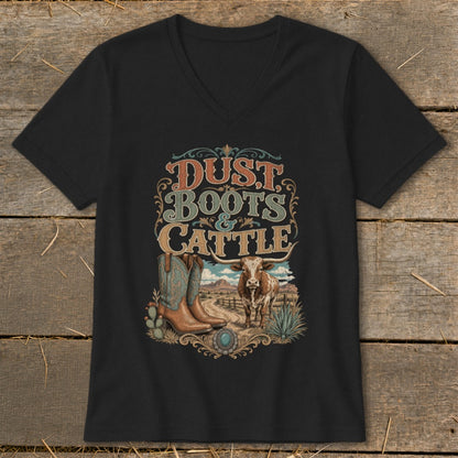 Black v-neck t-shirt with "Dust Boots & Cattle" graphic featuring a cowboy boot and bull.