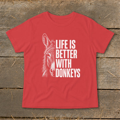 Red t-shirt with a donkey illustration and white text reading "LIFE IS BETTER WITH DONKEYS".