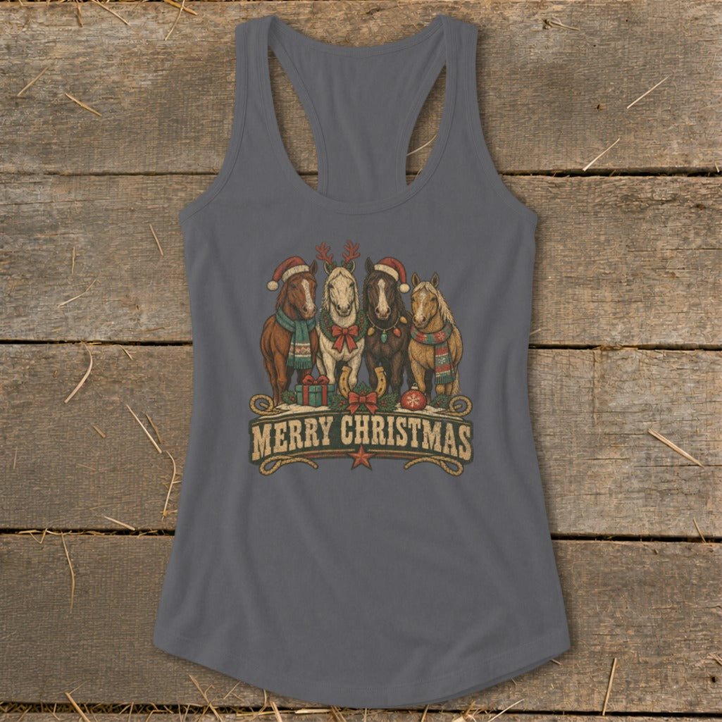 Four horses in festive attire with "Merry Christmas" text.