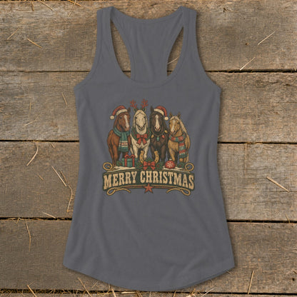 Four horses in festive attire with "Merry Christmas" text.
