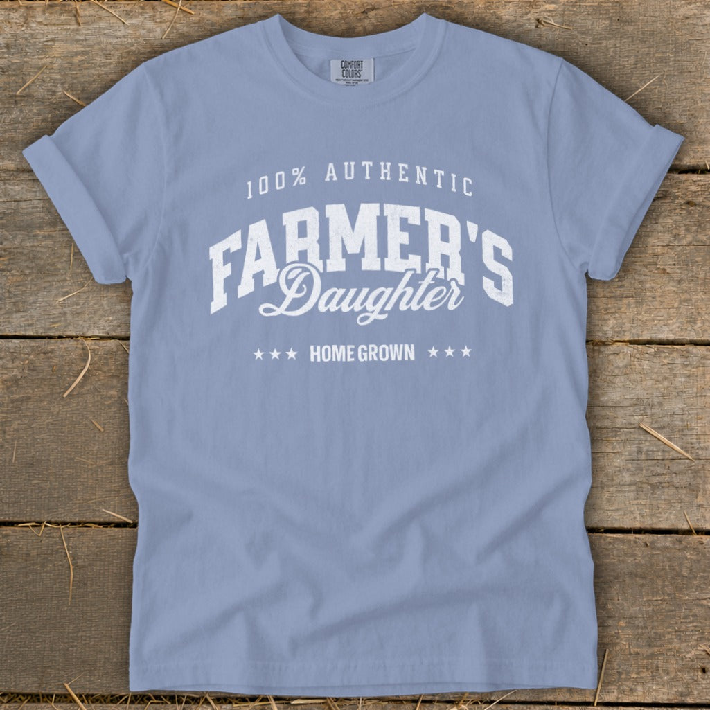 Light blue t-shirt with "100% Authentic Farmer's Daughter Home Grown" text.
