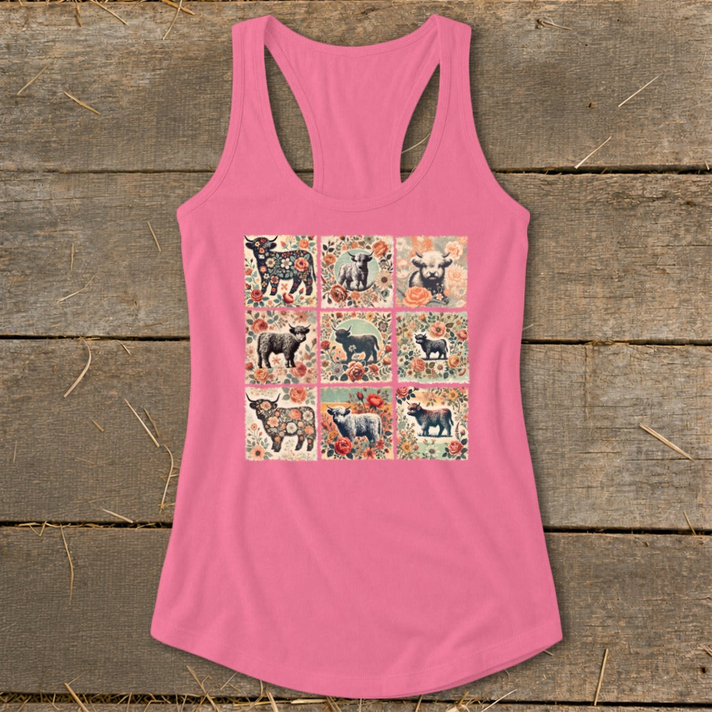 Pink tank top with a nine-panel print of floral highland cows and calves.