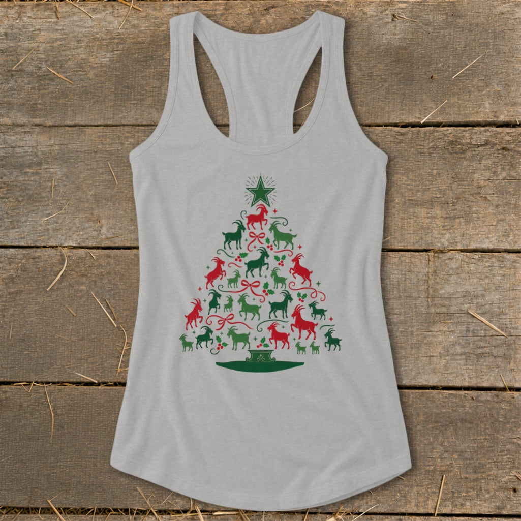 Grey tank top with a Christmas tree made of red and green goats.