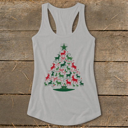 Grey tank top with a Christmas tree made of red and green goats.