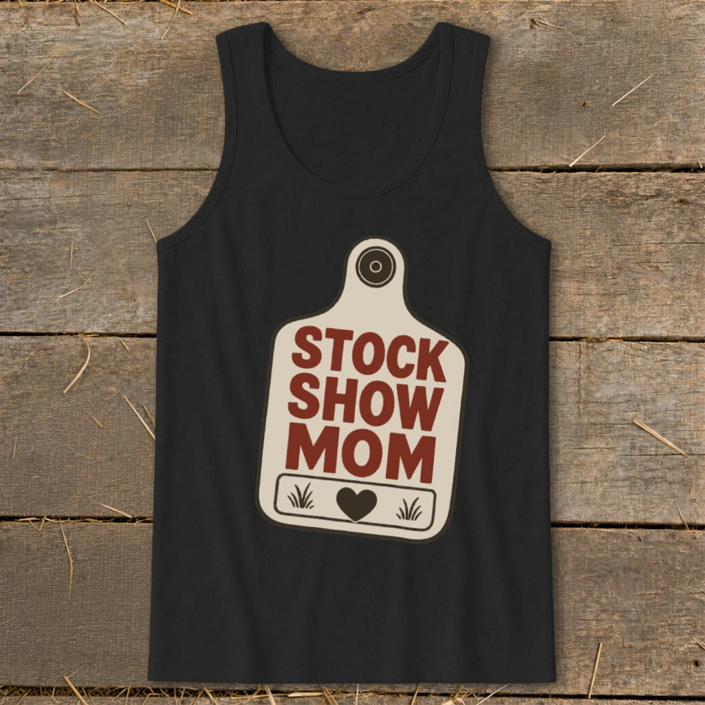 Black tank top with "Stock Show Mom" on a tag graphic.