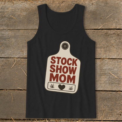 Black tank top with "Stock Show Mom" on a tag graphic.
