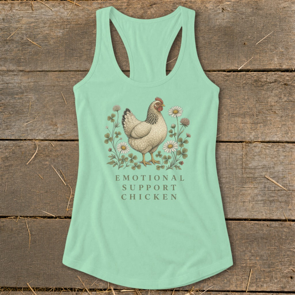 Mint green tank top with a chicken and floral graphic and "Emotional Support Chicken" text.