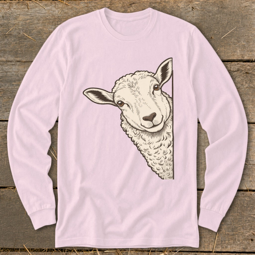 Long sleeve shirt with illustration of a sheep peeking from the side.