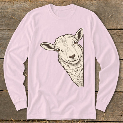 Long sleeve shirt with illustration of a sheep peeking from the side.