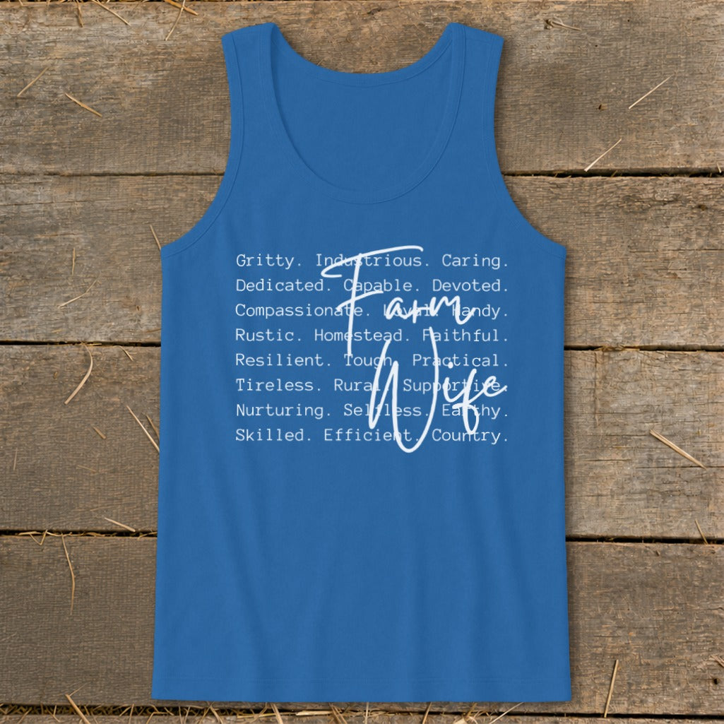 Blue tank top with "Farm Wife" text listing positive attributes.