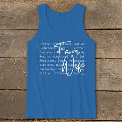 Blue tank top with "Farm Wife" text listing positive attributes.